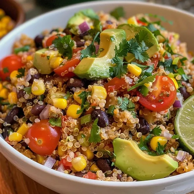 Close-up view of a colorful quinoa salad with corn, black beans, and diced bell peppers.