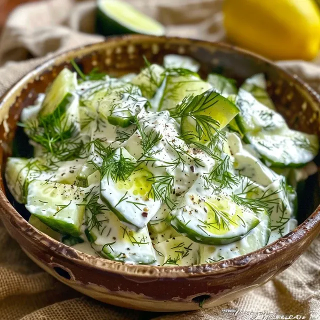 Close-up view of a fresh cucumber yogurt salad in a bowl.