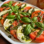 A close-up side view of a vibrant Caprese salad with pesto, featuring layered tomato and mozzarella slices.