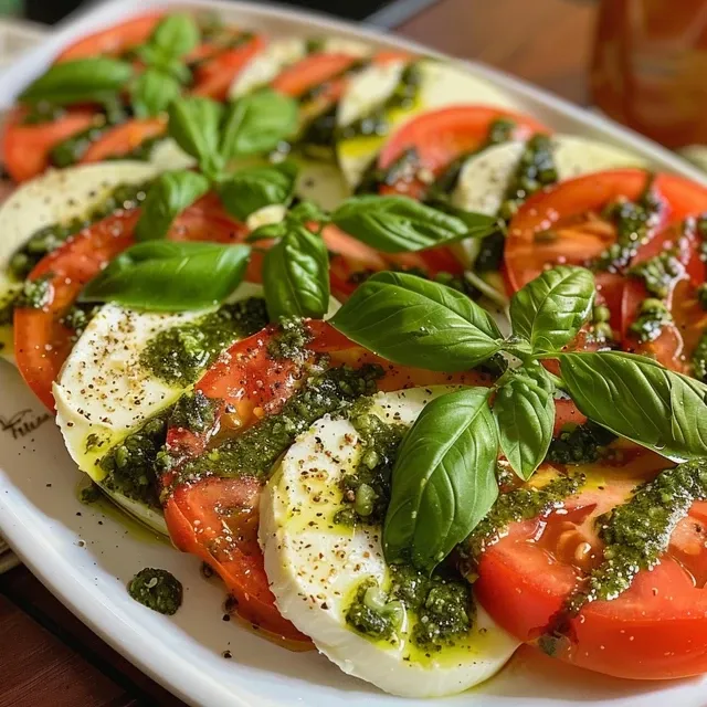 A close-up side view of a vibrant Caprese salad with pesto, featuring layered tomato and mozzarella slices.
