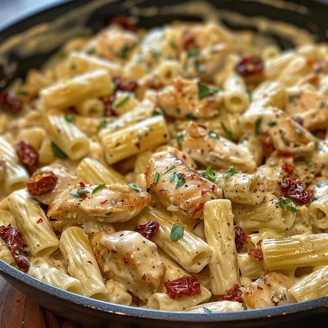 Juicy Marry Me Chicken Pasta displayed in a bowl with sun-dried tomatoes and creamy sauce.