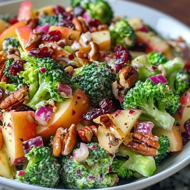 Close-up of a vibrant broccoli salad with sunflower seeds and raisins.