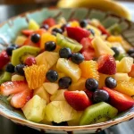 A vibrant fruit salad featuring orange segments, strawberries, blueberries, diced apples, banana slices, grapes, and pineapple chunks in a creamy dressing.