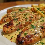Juicy chicken fillet in creamy garlic-parmesan sauce with a sprinkle of red pepper flakes.