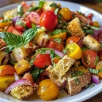 Close-up of a colorful Panzanella Salad featuring fresh tomatoes and basil.