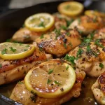 Juicy lemon chicken breast topped with a rich butter sauce, parsley, and lemon slices.