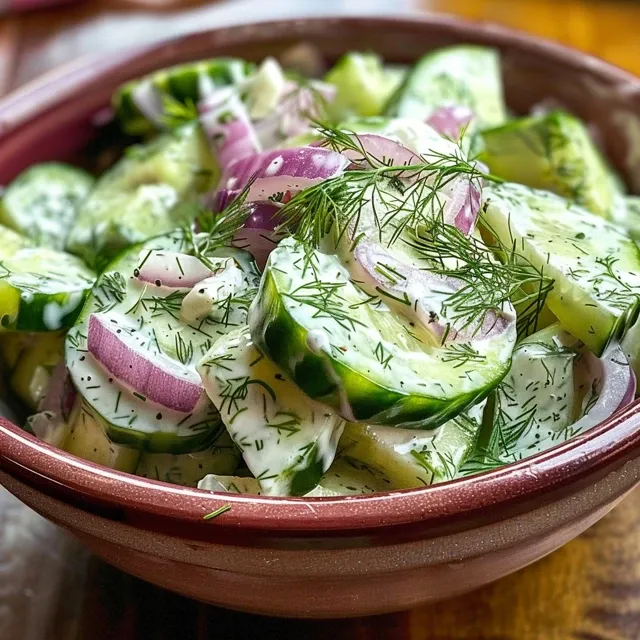A close-up view of a creamy dill cucumber onion salad in a bowl, featuring slices of cucumber and onion.