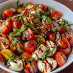 Close-up view of a colorful Caprese salad bowl with cherry tomatoes and mozzarella.