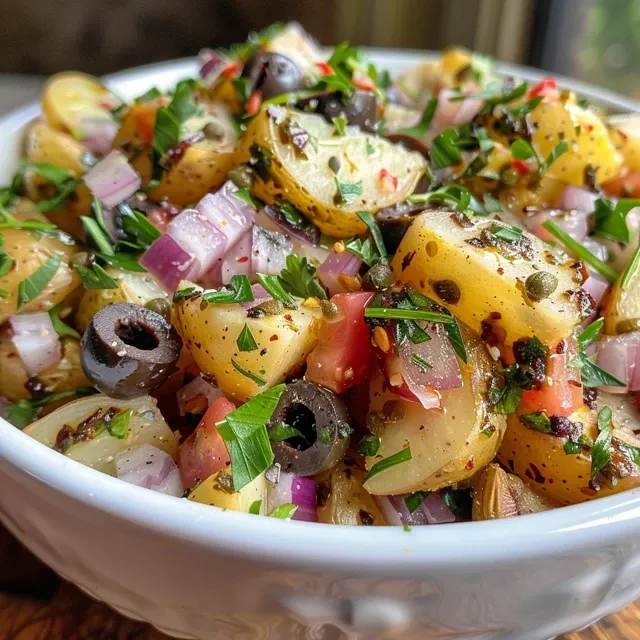 Close-up view of a colorful Sumac Potato Salad with fresh ingredients.