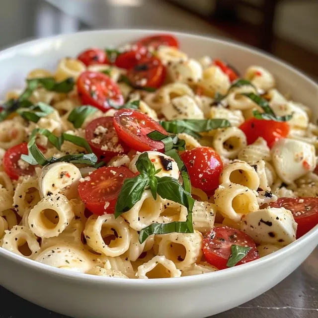 Close-up view of Creamy Caprese Pasta Salad featuring pasta, cherry tomatoes, mozzarella, and basil.