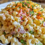 Close-up of a vibrant macaroni salad featuring diced vegetables and cheese.