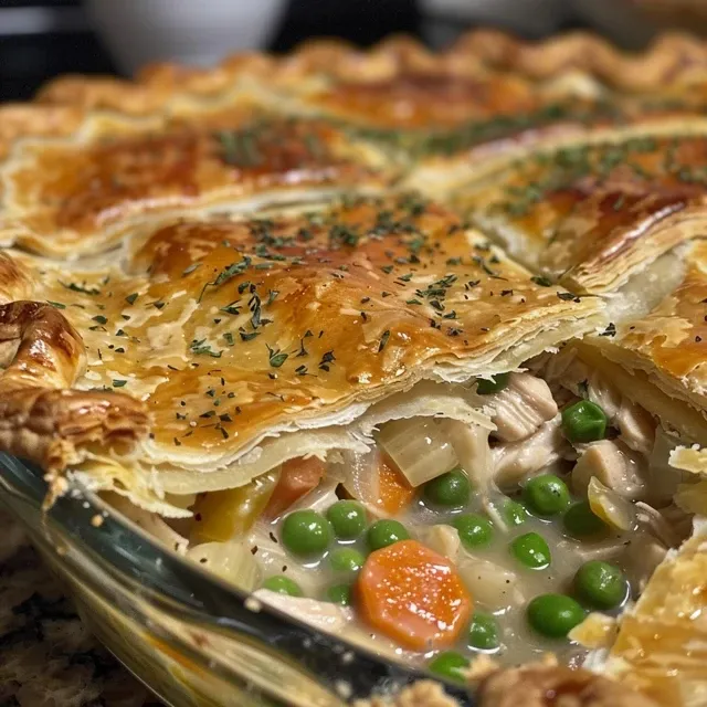 Close-up view of a golden-brown chicken pot pie with a flaky crust, filled with chicken and vegetables.