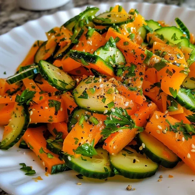 Close-up view of a vibrant Carrot Cucumber Salad showcasing julienned carrots and thinly sliced cucumbers.