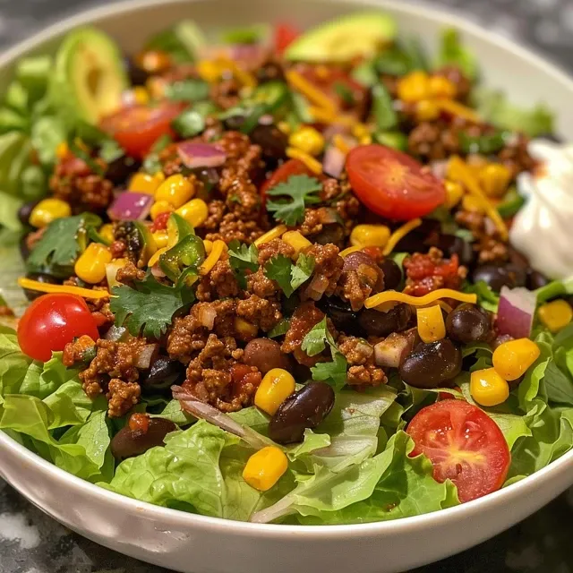 Close-up of a colorful traditional taco salad filled with ground beef, lettuce, and toppings.