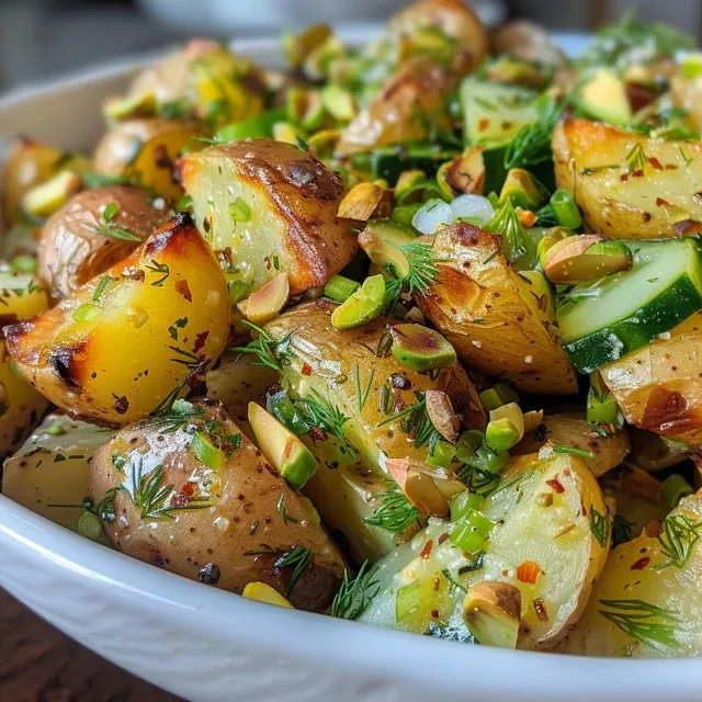 Close-up view of a vibrant roasted potato salad with fresh herbs and chopped vegetables.