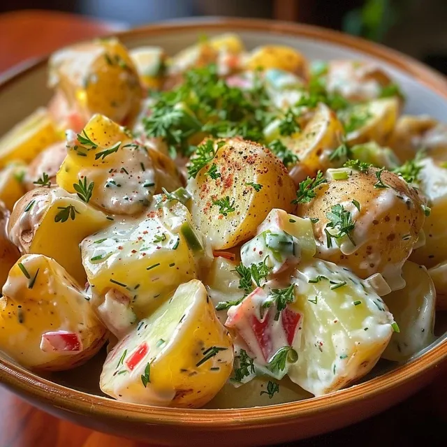 Close-up of a vibrant Vegan Potato Salad with herbs and pickles.