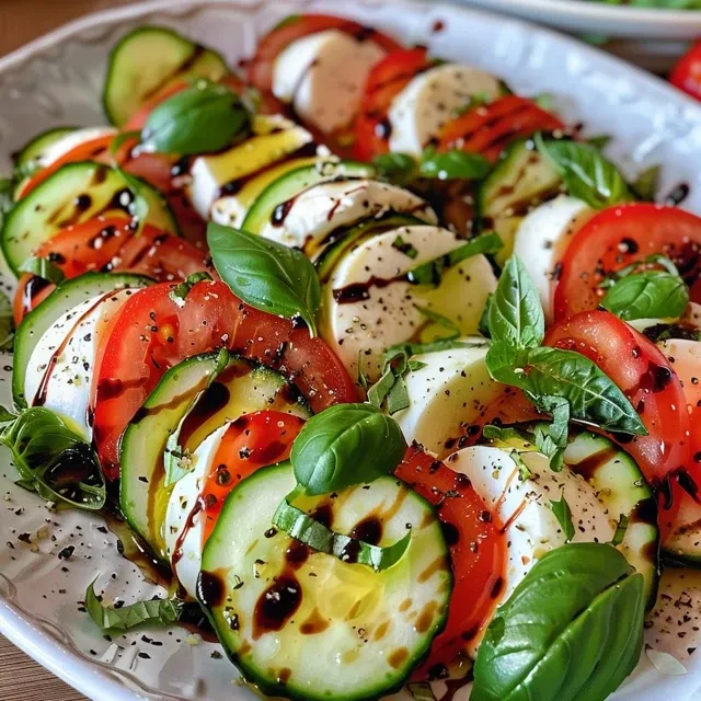 Close-up view of Cucumber Caprese Salad featuring sliced cucumbers, mozzarella balls, and basil.