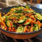 Close-up of a vibrant Crunchy Asian Cucumber Carrot Salad with julienned vegetables.