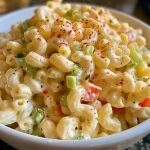 A close-up side view of creamy macaroni salad with colorful ingredients.