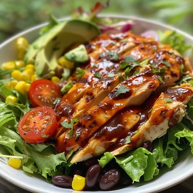Close-up of a BBQ chicken salad featuring vibrant greens and colorful toppings.