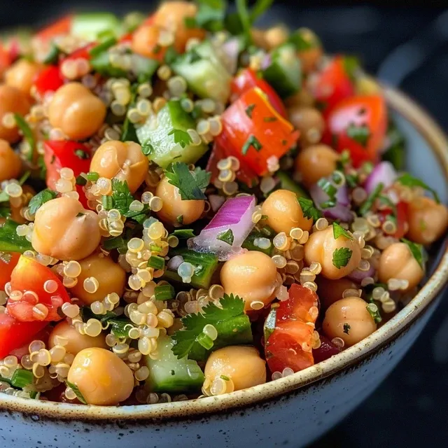 A vibrant salad featuring chickpeas, quinoa, diced tomatoes, and cucumbers presented in a bowl.