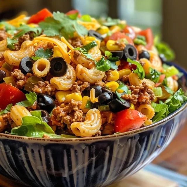 Close-up view of a colorful Taco Pasta Salad with vibrant ingredients.