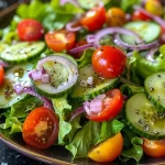 Close-up view of a vibrant summer garden salad featuring leafy greens, cherry tomatoes, cucumber, and red onion.