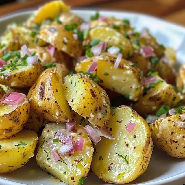 Close-up of a vibrant crispy smashed potato salad with colorful ingredients.