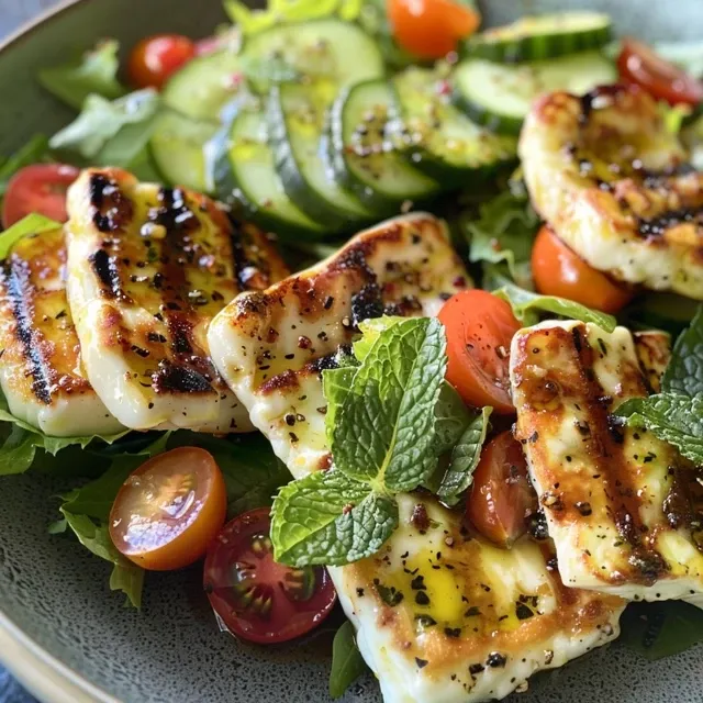 A close-up view of a Grilled Halloumi Salad with vibrant greens and colorful vegetables.