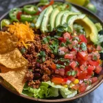 Close-up view of a vibrant taco salad with ground beef, lettuce, and toppings.