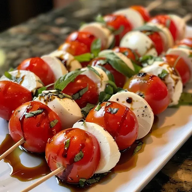Close-up view of Caprese skewers featuring fresh mozzarella, tomatoes, and basil.