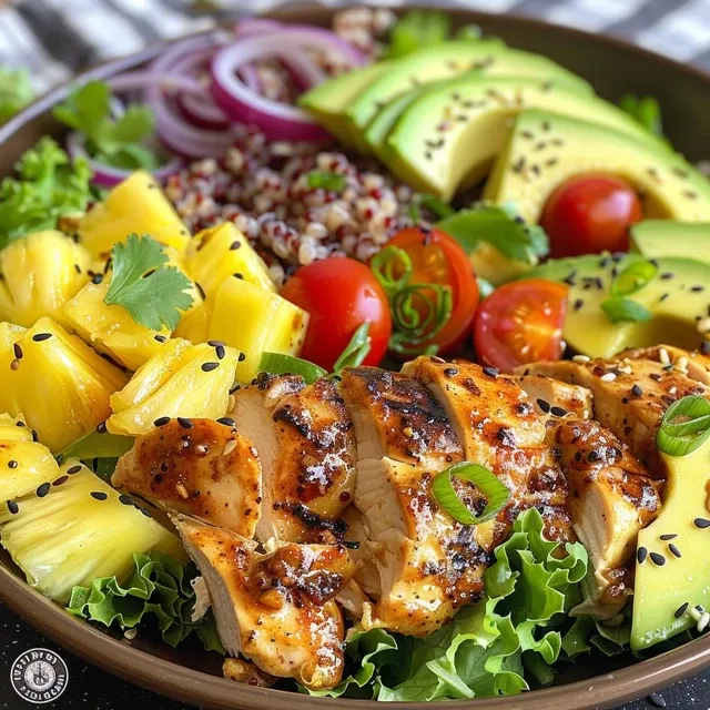 Close-up of a vibrant Hawaiian chicken salad with fresh ingredients displayed.