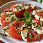 A vibrant plate of sliced tomatoes and fresh mozzarella, garnished with basil and drizzled with olive oil and balsamic glaze.