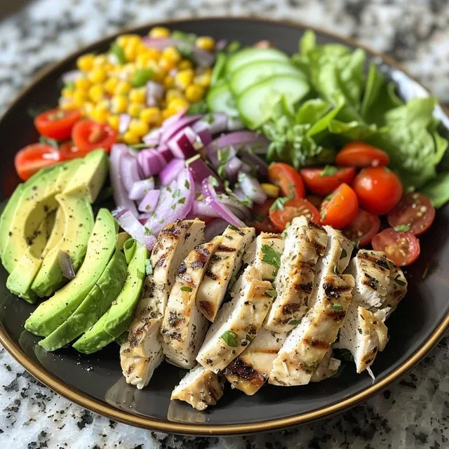 Close-up view of a vibrant avocado chicken salad with colorful vegetables.