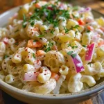 A vibrant close-up of macaroni salad featuring colorful veggies and creamy dressing.