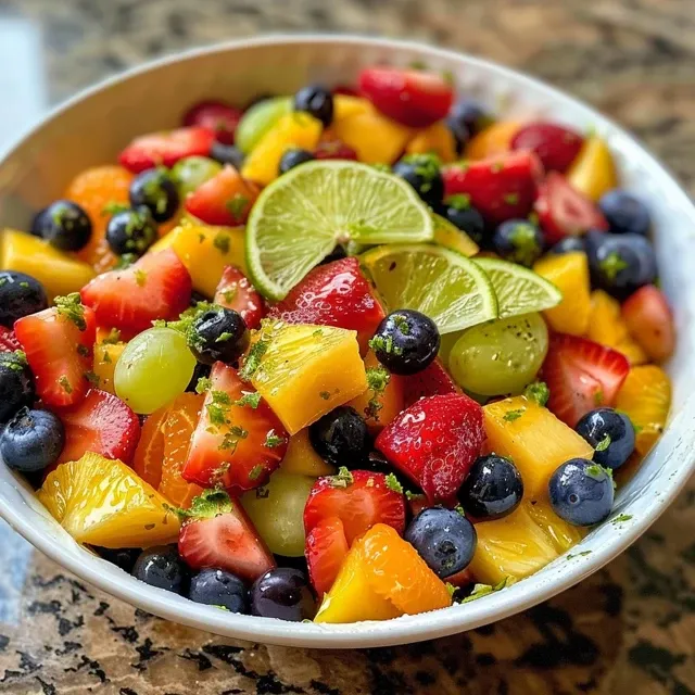 A colorful Tropical Sunshine Fruit Salad featuring strawberries, blueberries, mango, green grapes, pineapple, and mandarin oranges.