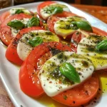 Close-up view of Insalata Caprese with fresh basil and mozzarella.