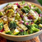A close-up view of a vibrant Crunchy Honeycrisp Apple Broccoli Salad featuring fresh broccoli florets, diced apples, and sunflower seeds.