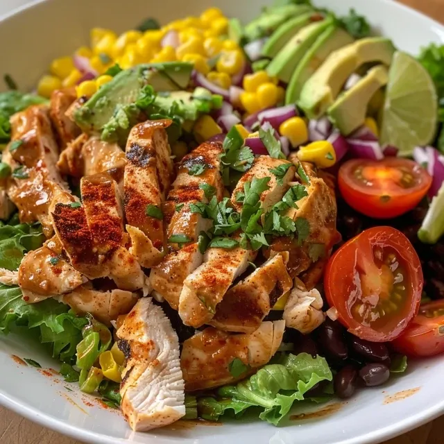 A close-up view of a colorful Spicy Southwest Salad, showcasing vibrant ingredients.
