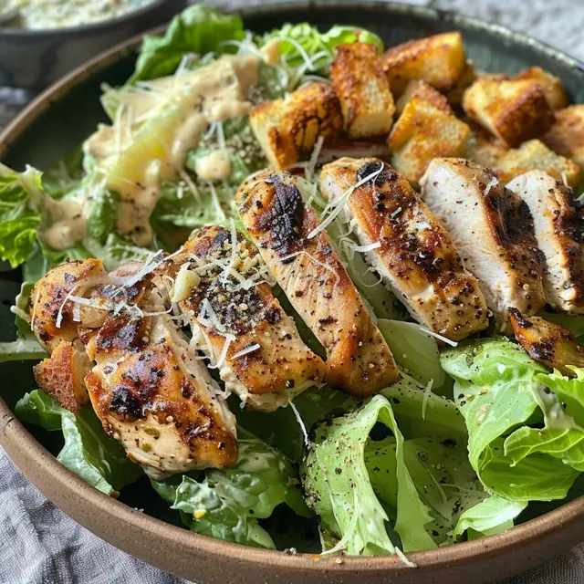 Close-up view of a Grilled Chicken Caesar Salad with vibrant green lettuce, grilled chicken, and croutons.