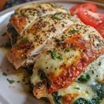Juicy spinach stuffed chicken breast sliced to reveal filling.