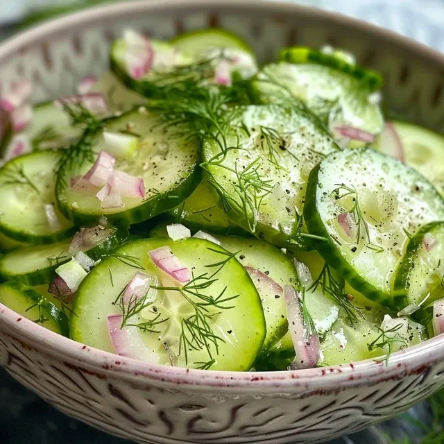 Close-up view of a creamy cucumber salad with fresh herbs.