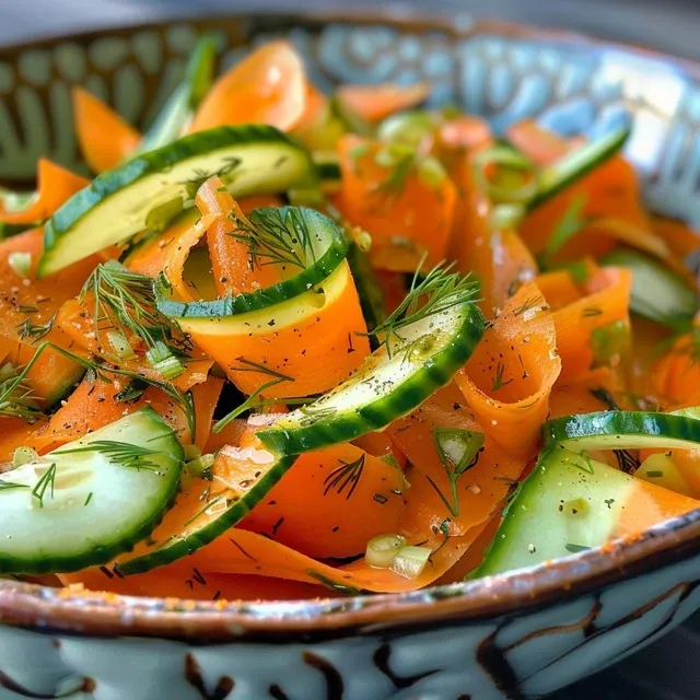 Colorful salad featuring curled ribbons of carrots and cucumbers topped with dill and garlic.