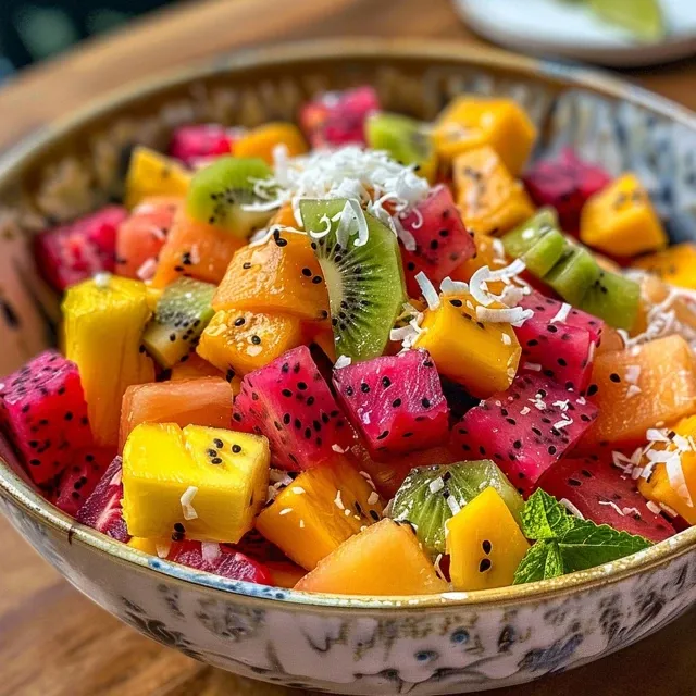 Vibrant tropical fruit salad displayed in a bowl, showcasing a mix of diced watermelon, papaya, mango, and dragon fruit.