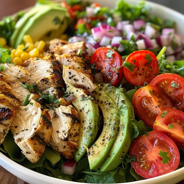 Side view of a vibrant Healthy Ranch Chicken Salad with greens, tomatoes, and avocado.