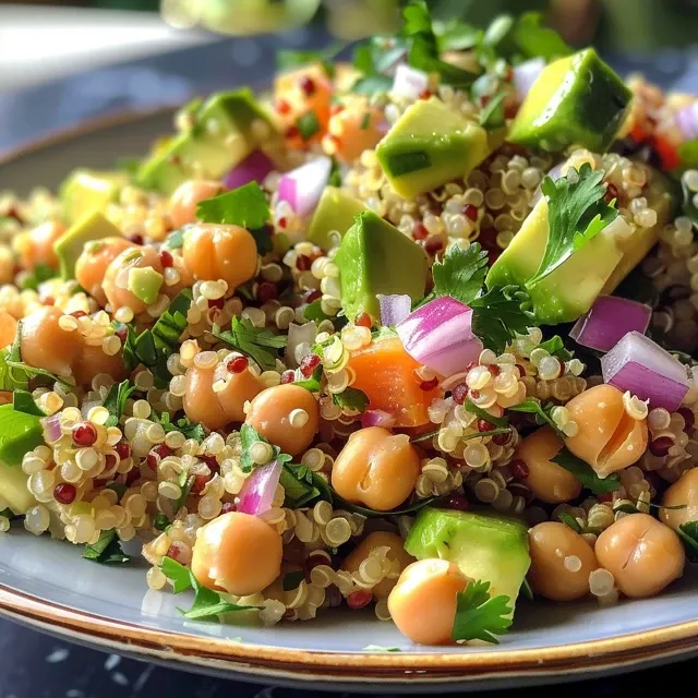 A delicious looking quinoa salad featuring fresh avocado and cilantro.