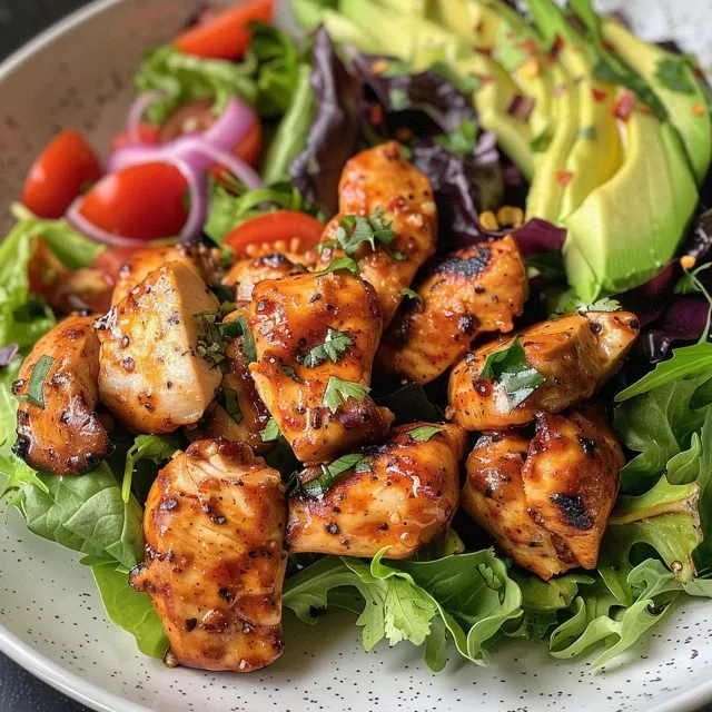 Side view of a vibrant chicken salad garnished with lime and fresh herbs on a white plate.