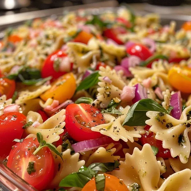 A vibrant serving of Bow Tie Pasta Salad featuring cherry tomatoes, bocconcini cheese, and greens.