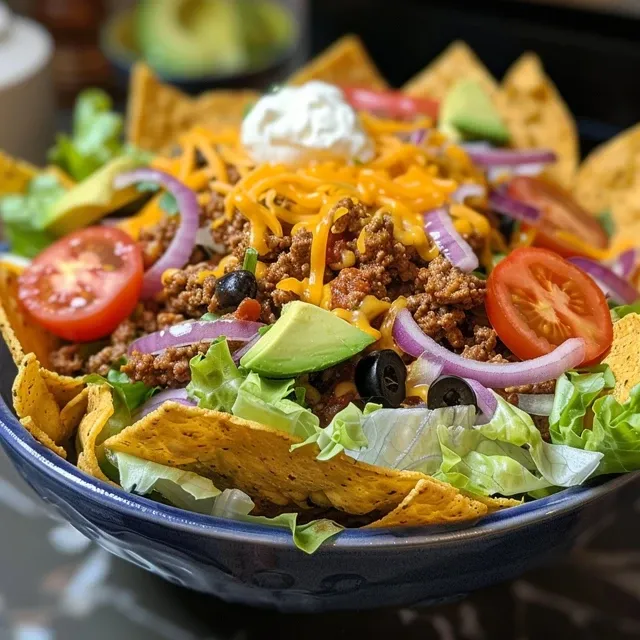 A delicious taco bowl showcasing a crispy tortilla shell filled with fresh toppings and ground beef.
