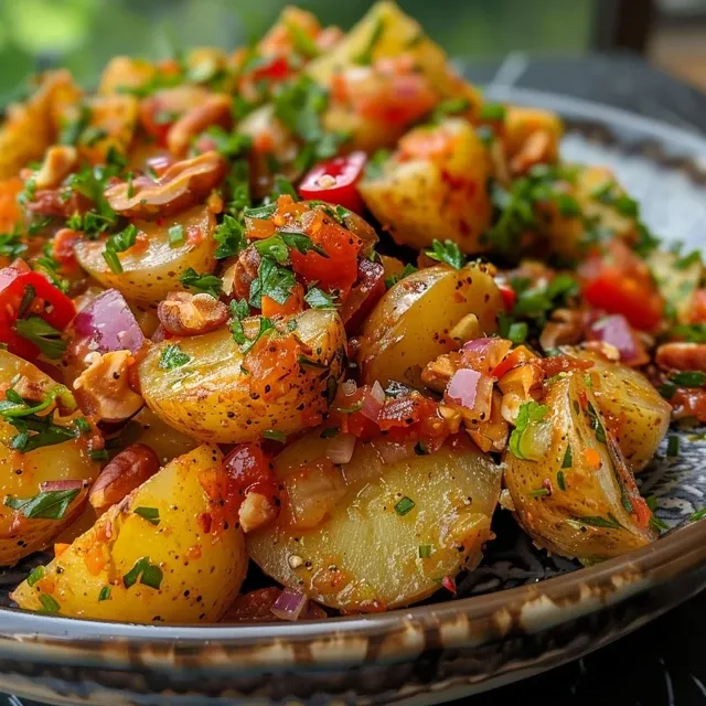 Side view of a colorful crispy potato salad, featuring diced vegetables and herbs.